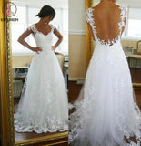 A-Line Lace White Straps Wedding Dresses,See-through Sleeveless Wedding Gowns KPW0041