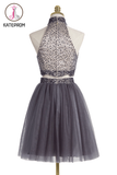 Two piece High Neck Gray Beading Homecoming Dresses KPH0079