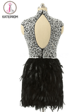 High Neck Knee-length Feather Prom Dresses Homecoming Dress KPH0083