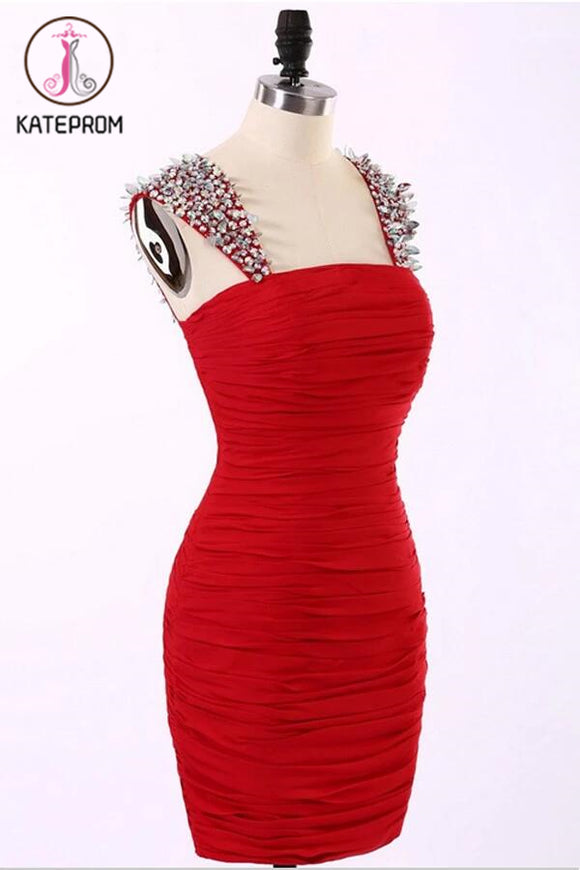 Straps Short Chiffon Red Prom Dresses Homecoming Dress KPH0087