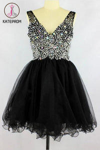 Black V-neck Sleevelesss Beading Prom Dresses Homecoming Dresses KPH0089
