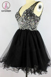 Black V-neck Sleevelesss Beading Prom Dresses Homecoming Dresses KPH0089