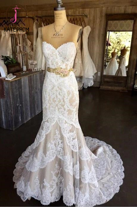 White Lace Mermaid Wedding Gown,Strapless Lace Bridal Dress,Sexy Vintage Bridal Dress KPW0044