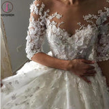 Vintage Appliqued Half Sleeve Wedding Dress, Flowers Ball Gown Luxury Tulle Wedding Dress KPW0046