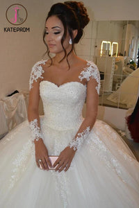 See-through Wedding Dress,Sheer Long Sleeves Ivory Wedding Gown,Lace Appliques Ball Gowns KPW0050
