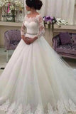 Long Sleeves Ball Gowns,Lace Vestido de Noiva,CustomizedTulle Wedding Dress With Beaded Sash KPW0051
