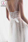 Newest Applique Simple Tulle Wedding Gown,Beach Wedding Dress With Train KPW0052
