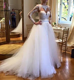 White Tulle Crew Neck Sheer Long Sleeve Lace Accents Bridal Gowns,Beach Wedding Dress KPW0053
