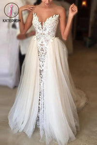 Ivory Wedding Dresses,Sheer Neck Lace Wedding Gowns,Tulle Vintage Special Bridal Dress KPW0054