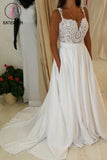 Ivory Spaghetti Strap Lace Top Wedding Dresses,A-line Sweetheart Beach Wedding Dress KPW0056