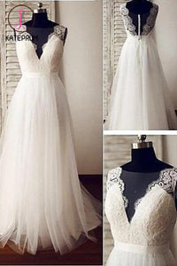 V-neck Beach Wedding Dress,Ivory Tulle Lace Appliqued Wedding Gown,A-line Bridal Dresses KPW0057