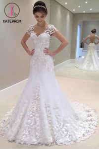 White Appliqued Cap Sleeveless Backless Wedding Dress,Sheath Sweep Train Bridal Dress KPW0058