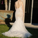 Ivory Mermaid Backless Spaghetti Straps Court Train Lace Tulle Wedding Dress KPW0059