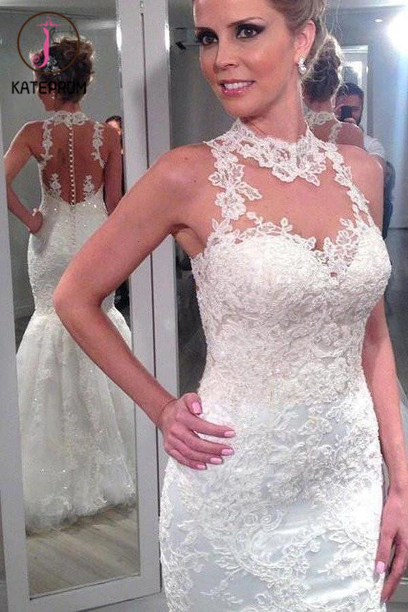 Lace High Neck Mermaid Wedding Dress,Backless Custom Beach Wedding Dress,Bridal Dresses KPW0060