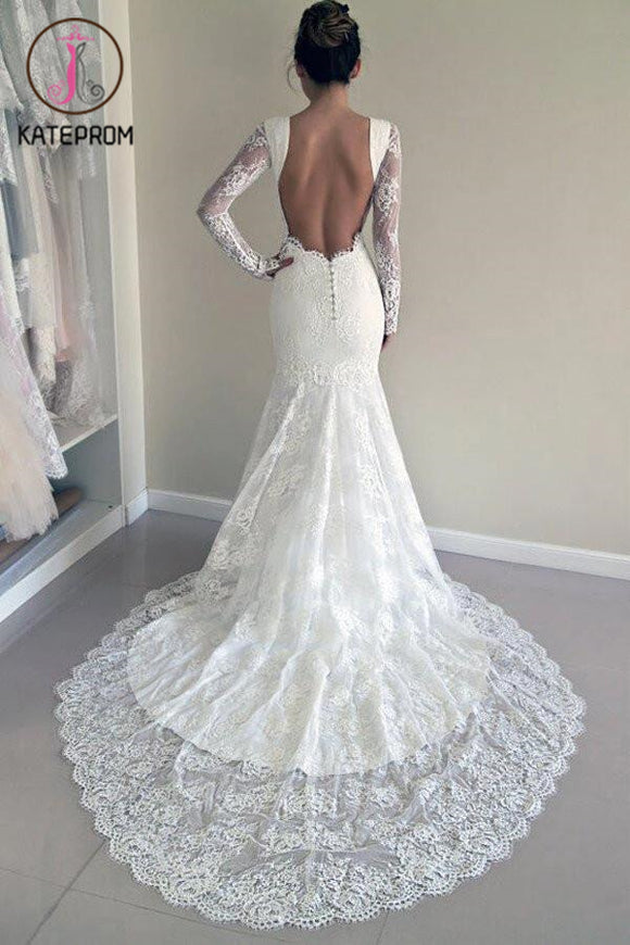 Long Sleeves Open Back Lace Wedding Dress with Train,Mermaid Beach Wedding Dresses KPW0061