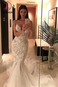 Spaghetti Straps Mermaid Wedding Dresses,Appliqued V-neck Tulle Wedding Dress,Bridal Gown KPW0065