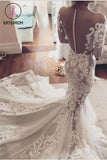 See-through Mermaid Wedding Dresses,Lace Appliques Long Sleeves Sheer Tulle Bridal Dresses KPW0066