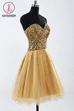 Gold Sweetheart Beaded Backless Back Up Lace Homecoming Dresses KPH0031