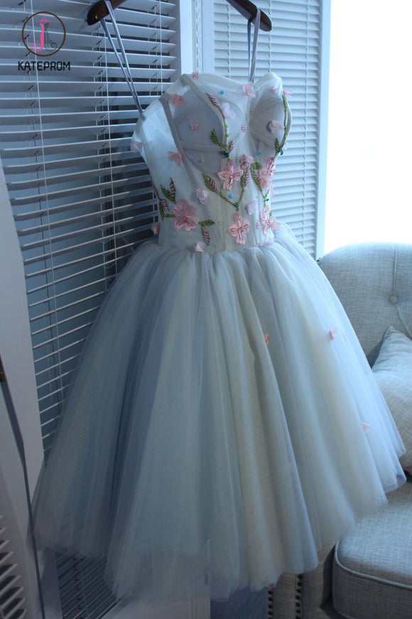 Kateprom Beautiful Sweetheart Tulle Graduation Dress with Flower, A Line Strapless Cute Homecoming Dress KPH0350