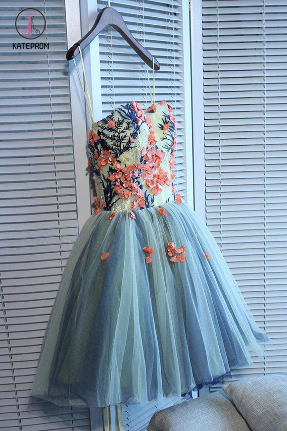Kateprom Unique Sweetheart Tulle Mini Homecoming Dress with Flowers,A Line Short Prom Gown KPH0349