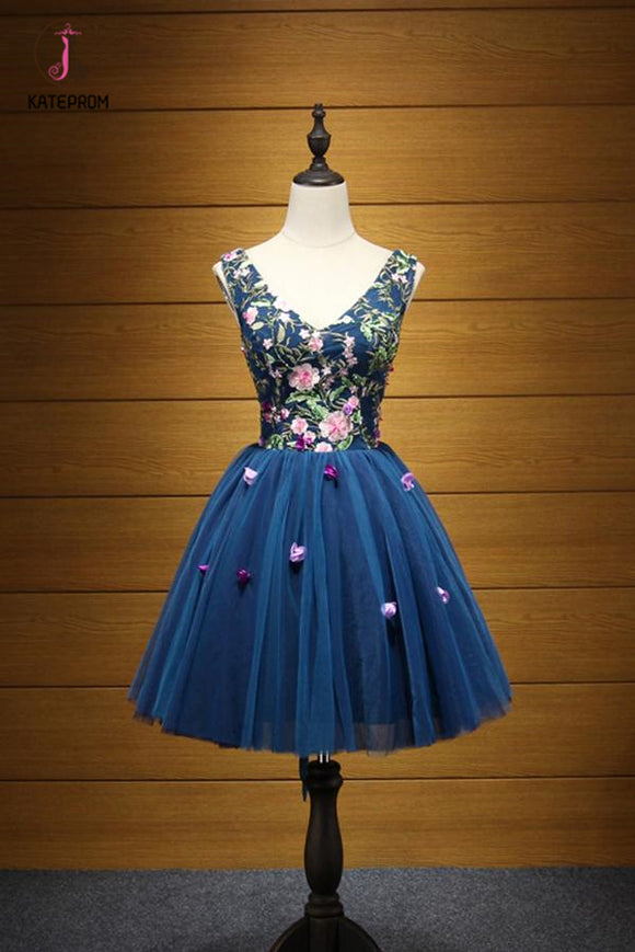 Kateprom Cheap Dark Blue V Neck Tulle Short Homecoming Dress with Appliques KPH0356