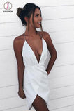 Kateprom Sexy Asymmetrical Deep V-Neck Halter White Short Homecoming Dress,Mini White Dress KPH0263