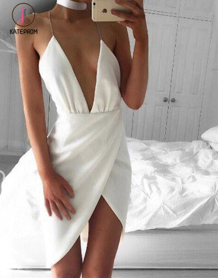 Kateprom Sexy Asymmetrical Deep V-Neck Halter White Short Homecoming D –  kateprom