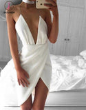Kateprom Sexy Asymmetrical Deep V-Neck Halter White Short Homecoming Dress,Mini White Dress KPH0263