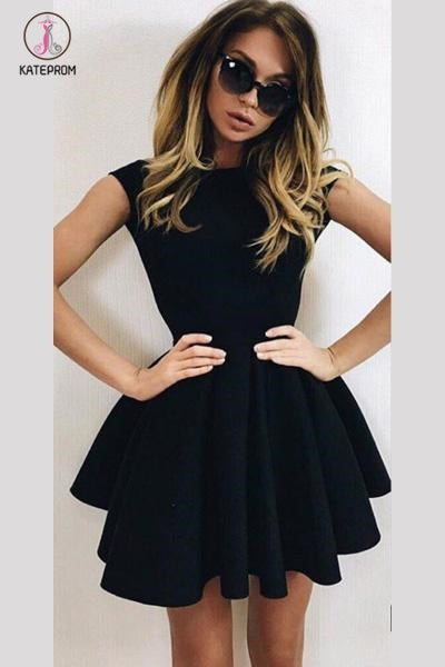 Kateprom A-Line Scoop Backless Short Sleeves Black Ruched Homecoming Dress,Cocktail Dress KPH0267