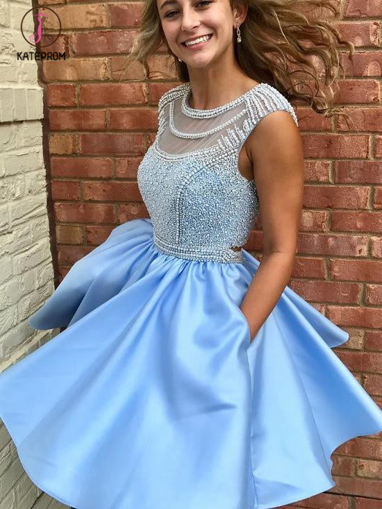 Kateprom Ice Blue Beading Satin Sleeveless Open Back Homecoming Dress, kateprom Kateprom Ice Blue Beading Satin Sleeveless Open Back Homecoming Dress, kateprom