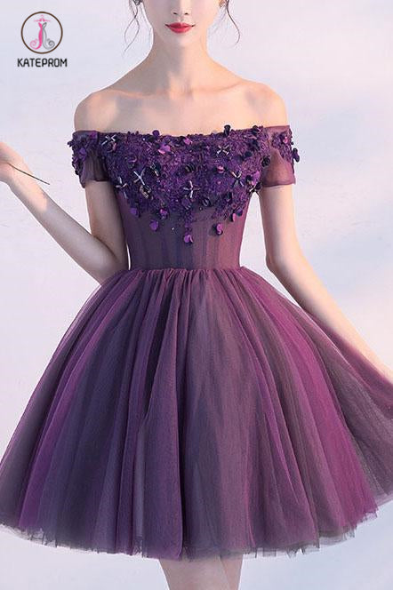 Kateprom Grape A-line Off the Shoulder Tulle Short Homecoming Dress with Crystals,Mini Prom Dress KPH0271