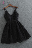 Kateprom Cute Spaghetti Straps V Neck Black Lace Short Homecoming Dress,Mini Cocktail Dress KPH0272