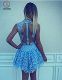 Kateprom Chic A-line High Neck Light Blue Sleeveless Lace Short Homecoming Dress,Mini Party Dress KPH0273