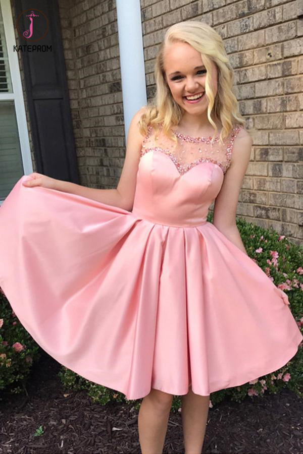 Kateprom Simple A-Line Bateau Knee-Length Pink Satin Sleeveless Homeco –  kateprom