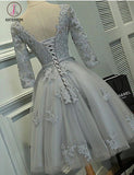 Kateprom Grey A-line Bateau Knee-length Lace Appliques Tulle Homecoming Dress with Belt KPH0276