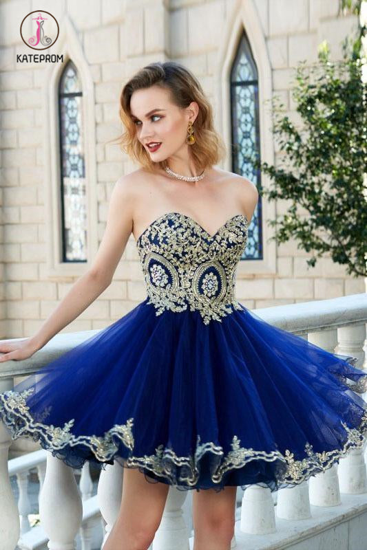 Kateprom Royal Blue Princess Sweetheart Sleeveless Applique Mini Tulle Homecoming Dresses KPH0280