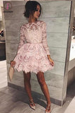 Kateprom Mini Long Sleeve Jewel Homecoming Dress, Cute Sweet 16 Dress, A-line Lace Cocktail Dress KPH0281