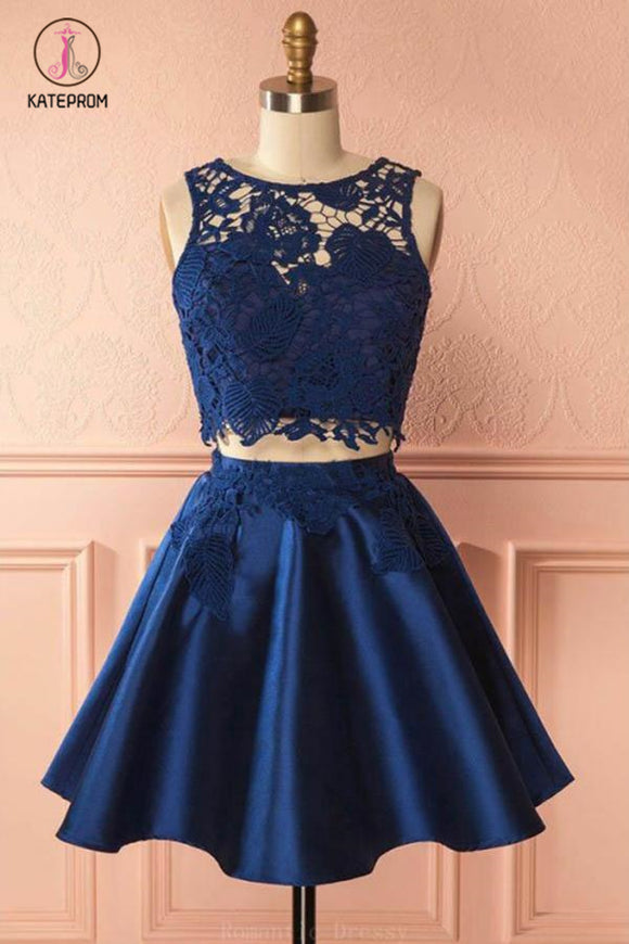 Kateprom Two Piece Dark Blue Sleeveless Satin Short Homecoming Dress with Lace Appliques KPH0285