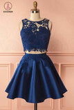 Kateprom Two Piece Dark Blue Sleeveless Satin Short Homecoming Dress with Lace Appliques KPH0285