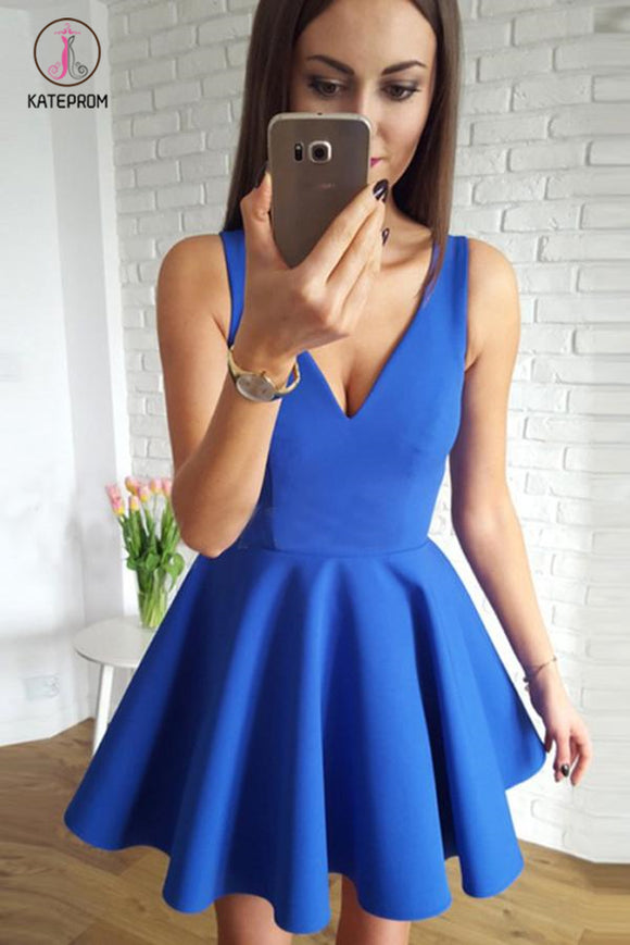 Kateprom Royal Blue A Line V-Neck Short Homecoming Dress with Ruched, Mini Prom Dresses KPH0287