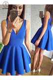 Kateprom Royal Blue A Line V-Neck Short Homecoming Dress with Ruched, Mini Prom Dresses KPH0287