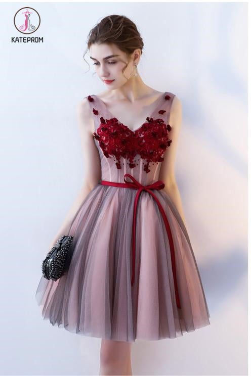 Kateprom A Line V Neck Sleeveless Tulle Short Prom Dress with Flowers,Cheap Homecoming Dress KPH0288