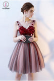 Kateprom A Line V Neck Sleeveless Tulle Short Prom Dress with Flowers,Cheap Homecoming Dress KPH0288