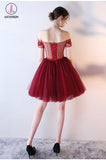 Kateprom Dark Red Off the Shoulder Short Prom Dress with belt, Short Beading Homecoming Dress KPH0289