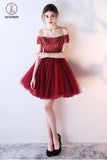 Kateprom Dark Red Off the Shoulder Short Prom Dress with belt, Short Beading Homecoming Dress KPH0289