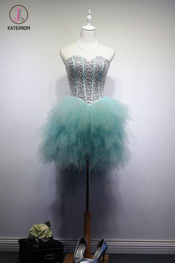 Kateprom Pool Blue Sparkly Sweetheart Sequins Tulle Short Cocktail Dress, Mini Homecoming Dress KPH0290