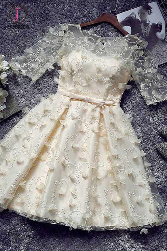 Kateprom Princess Half Sleeves Short Homecoming Dress with Flowers,Unique Short Cocktail Dress KPH0292