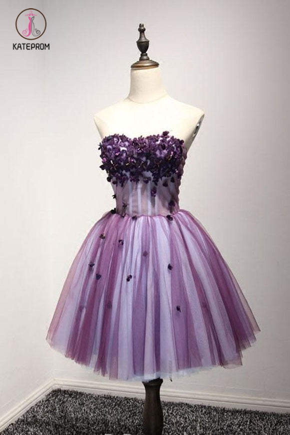 Kateprom Purple Strapless Sleeveless Appliques Flower Short Formal Dresses with Beads KPH0293