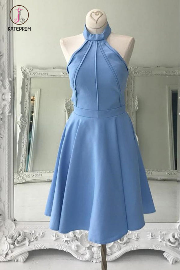 Kateprom A Line High Neck Sleeveless Knee Length Homecoming Dress, Blue Prom Gown KPH0297