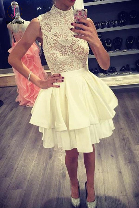 Kateprom Ivory High Neck Satin Homecoming Dress with Lace, Short Two Layers Prom Dress KPH0298